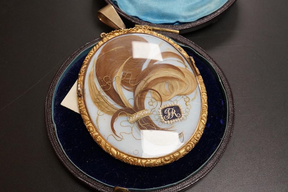 Manner of Thomas Richmond (1771-1837), Portrait miniature on ivory, Portrait of Francis Robinson, with hair work and seed pearls verso, housed in a gilt metal case, 11cm high. CITES Submission reference EF4KBE7V